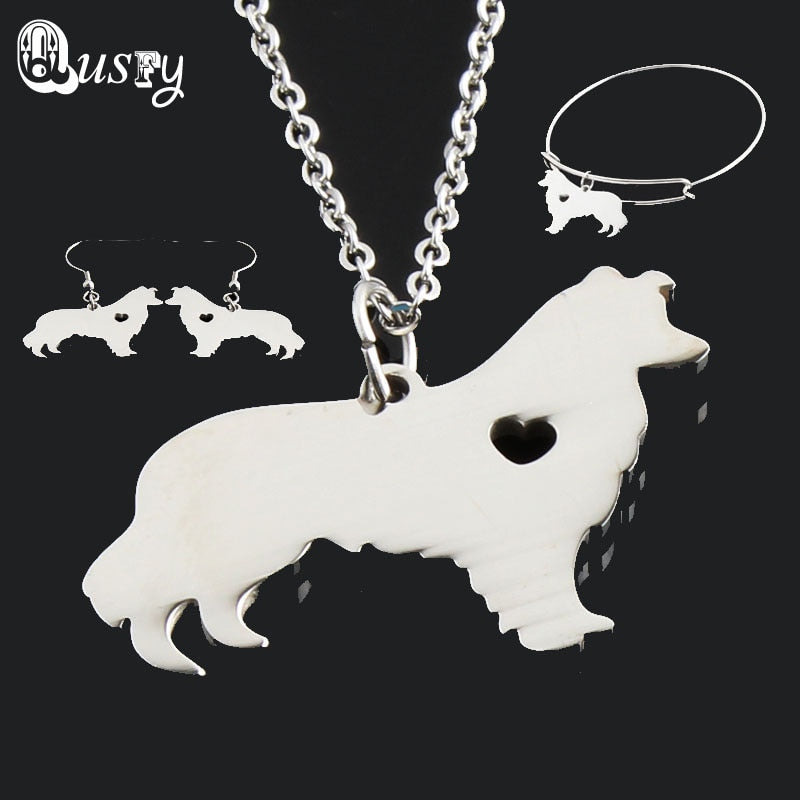 Stainless Steel Border Collie Necklace, Bracelet, and Earings